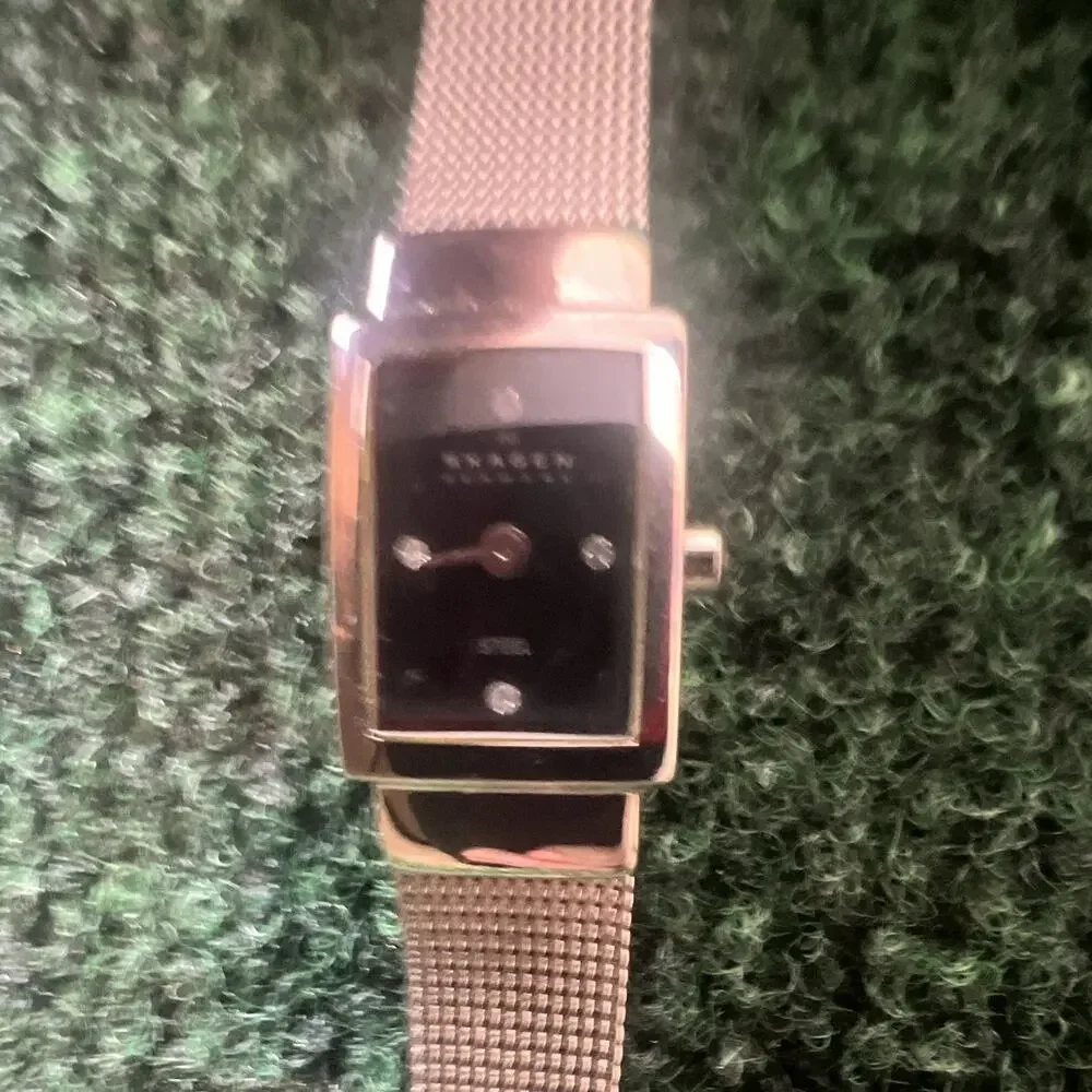 Skagen Women’s Quartz Wristwatch Rectangle Case Black Dial Silver Mesh Band